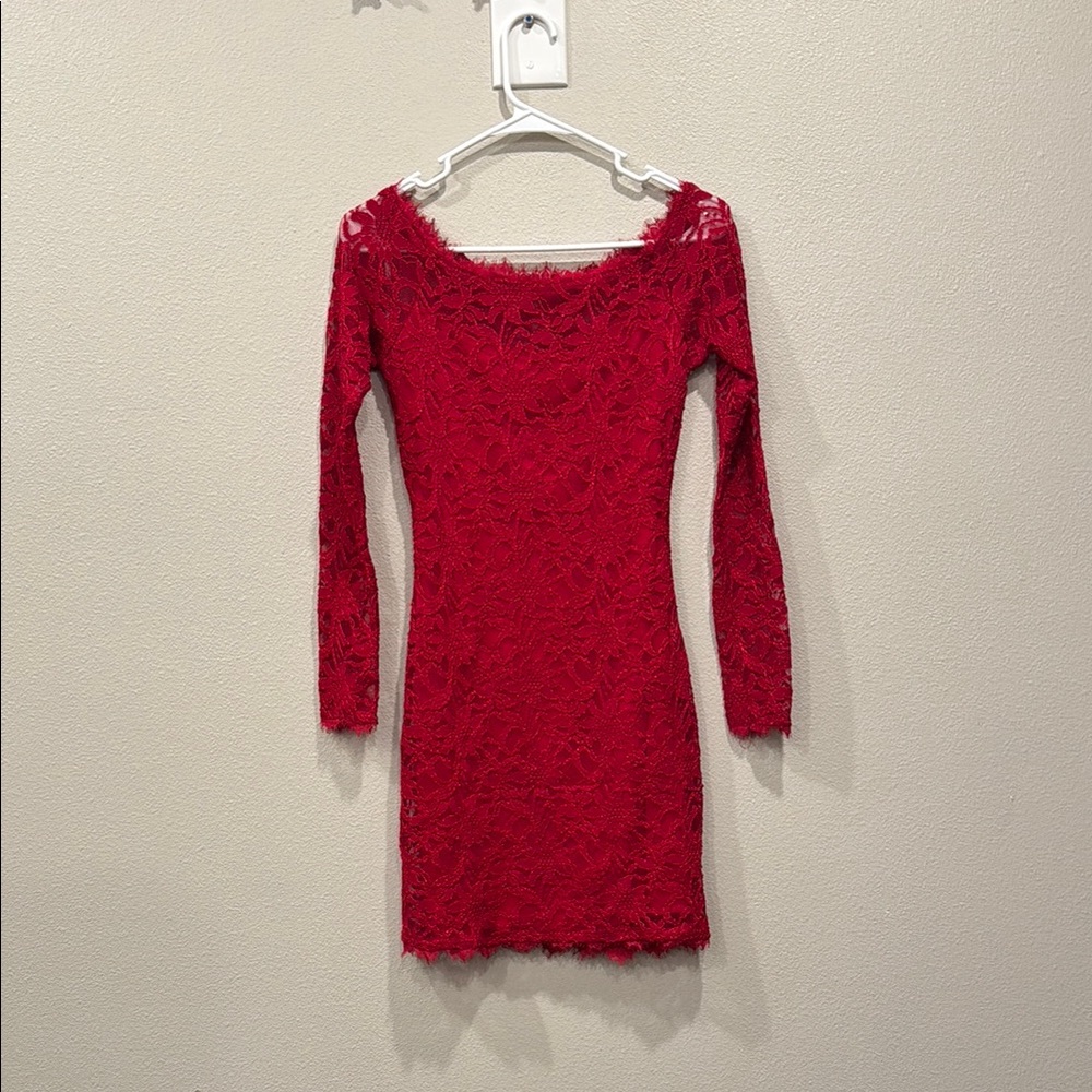 Jump Apparel Co. Vibrant Red Long Sleeve Bodycon Lacre Dress